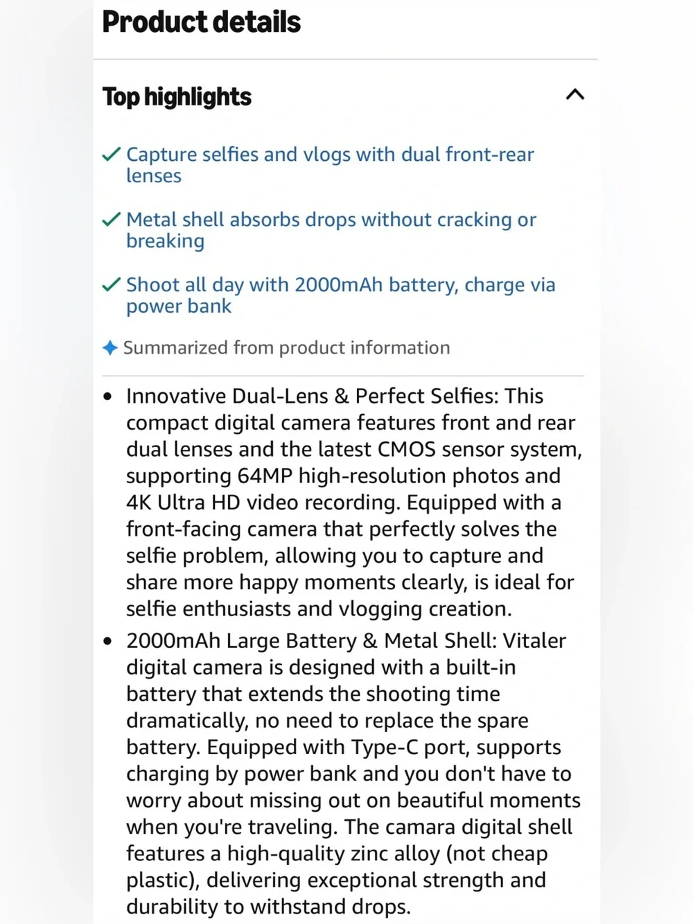 Digital Camera with Front Rear Lens, Autofocus 64MP 4K Camera for Photography